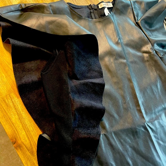 Zara faux leather knit black ruffle side knit stretch dress new - Picture 3 of 3
